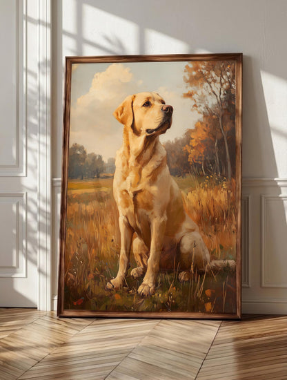 Yellow Lab wall art: a Labrador standing at attention in autumn parkland
