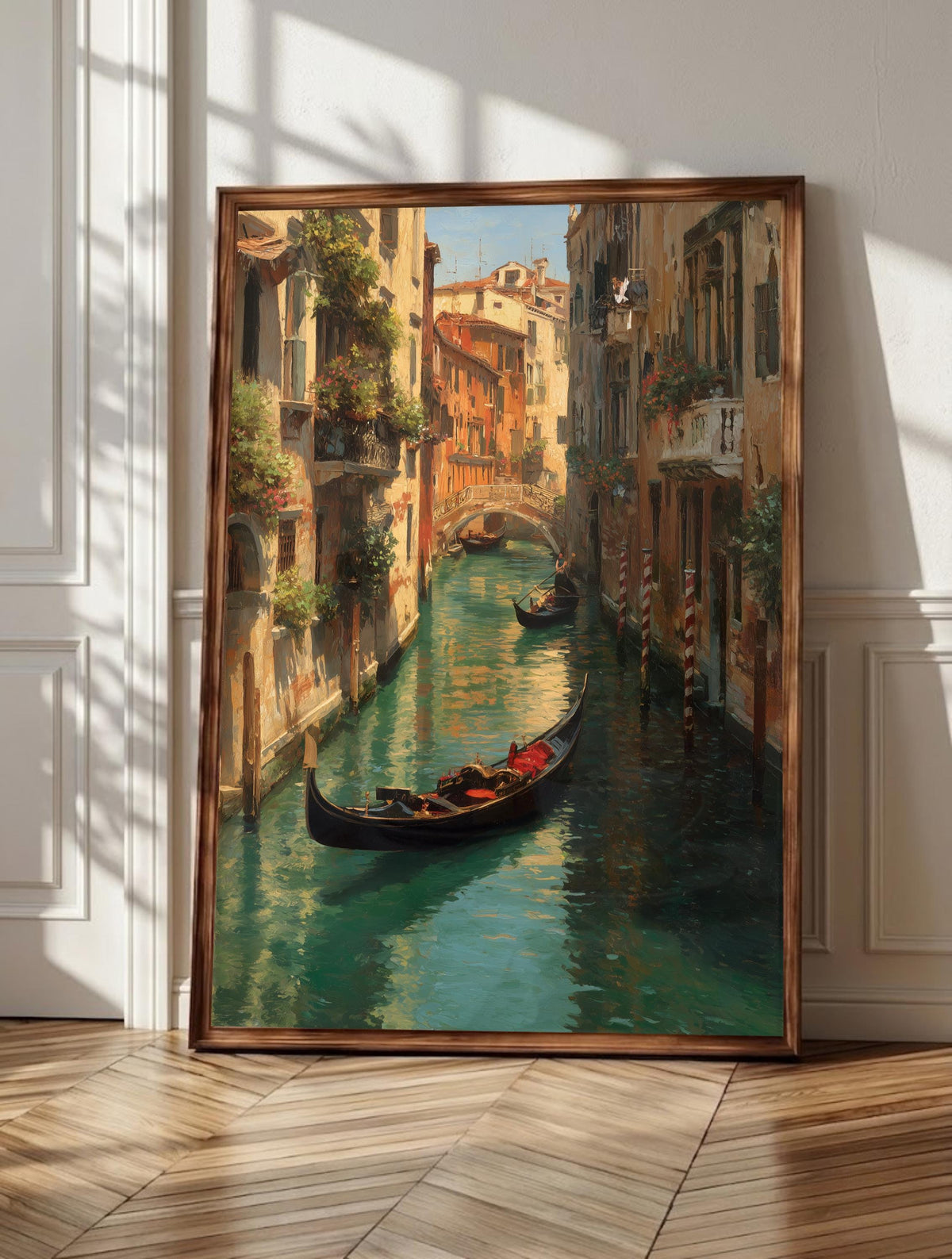 Venice wall art: a black gondola with red cushions on jade-green canal water