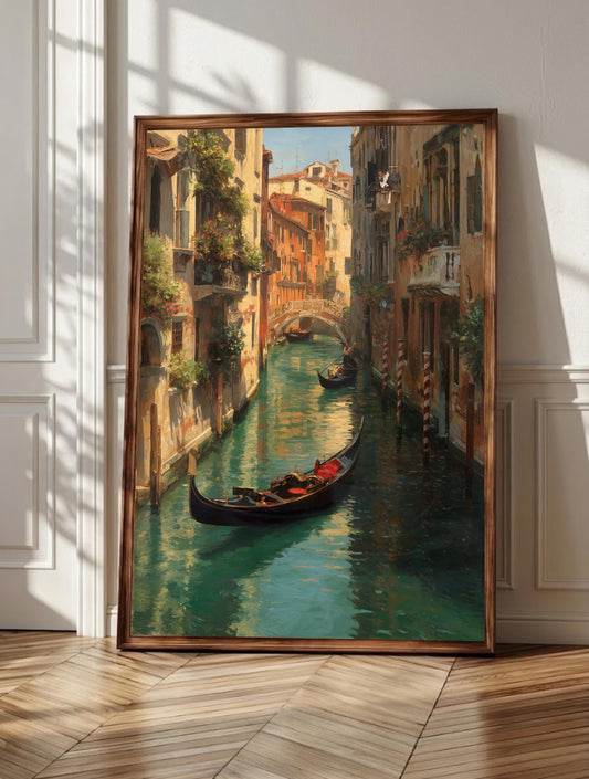 Venice wall art: a black gondola with red cushions on jade-green canal water