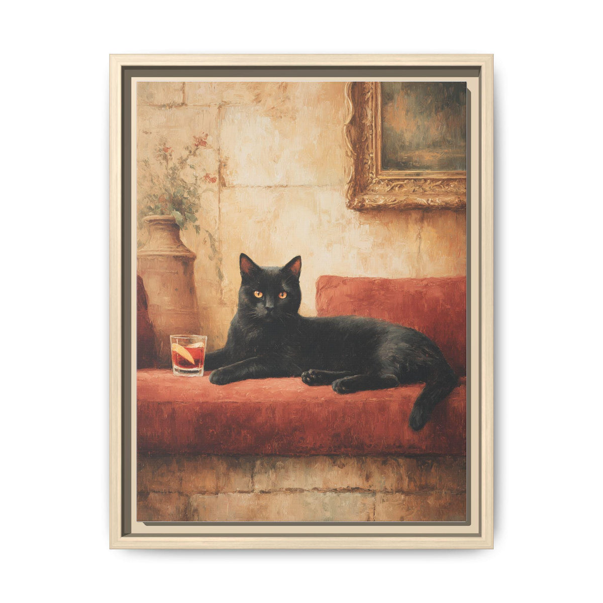 Negroni wall art framed canvas print in a natural wood frame