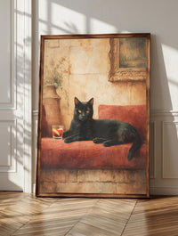 Negroni wall art: a black cat reclining on wine-red velvet beside a ruby negroni, framed canvas