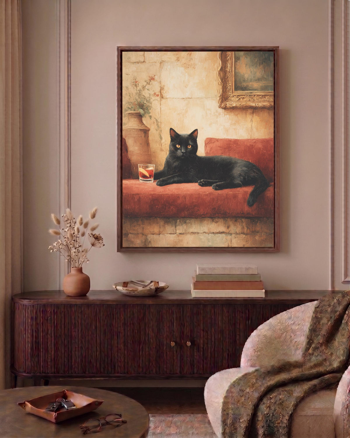 Cat and negroni framed canvas art set in a solid wood frame, ready to hang