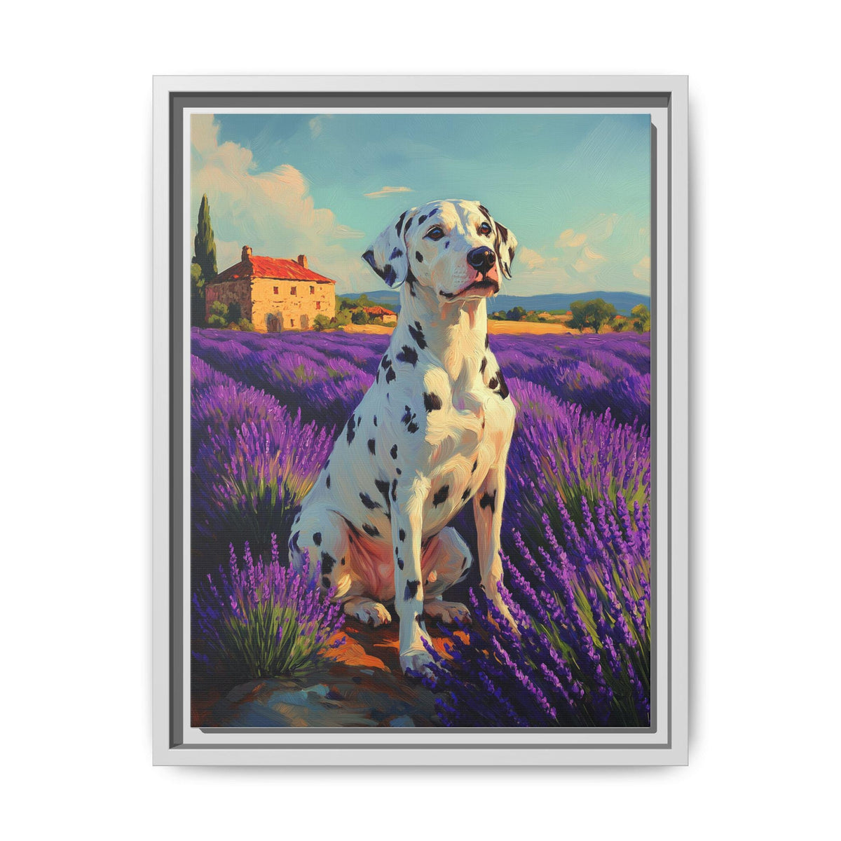 Dalmatian wall art framed canvas print in a white wood frame