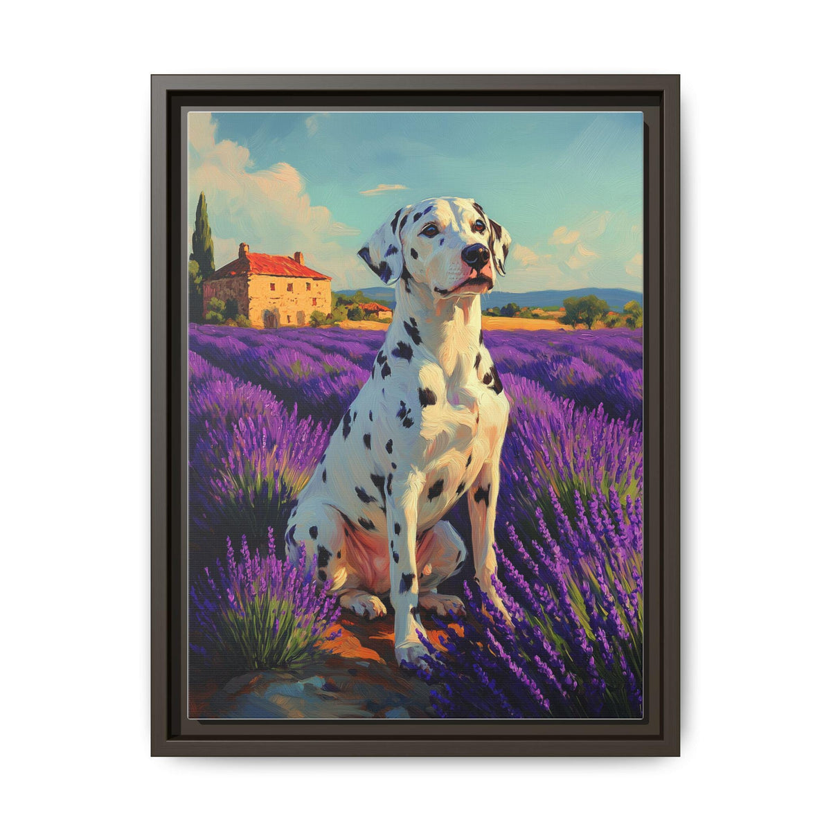 Dalmatian wall art framed canvas print in an espresso wood frame