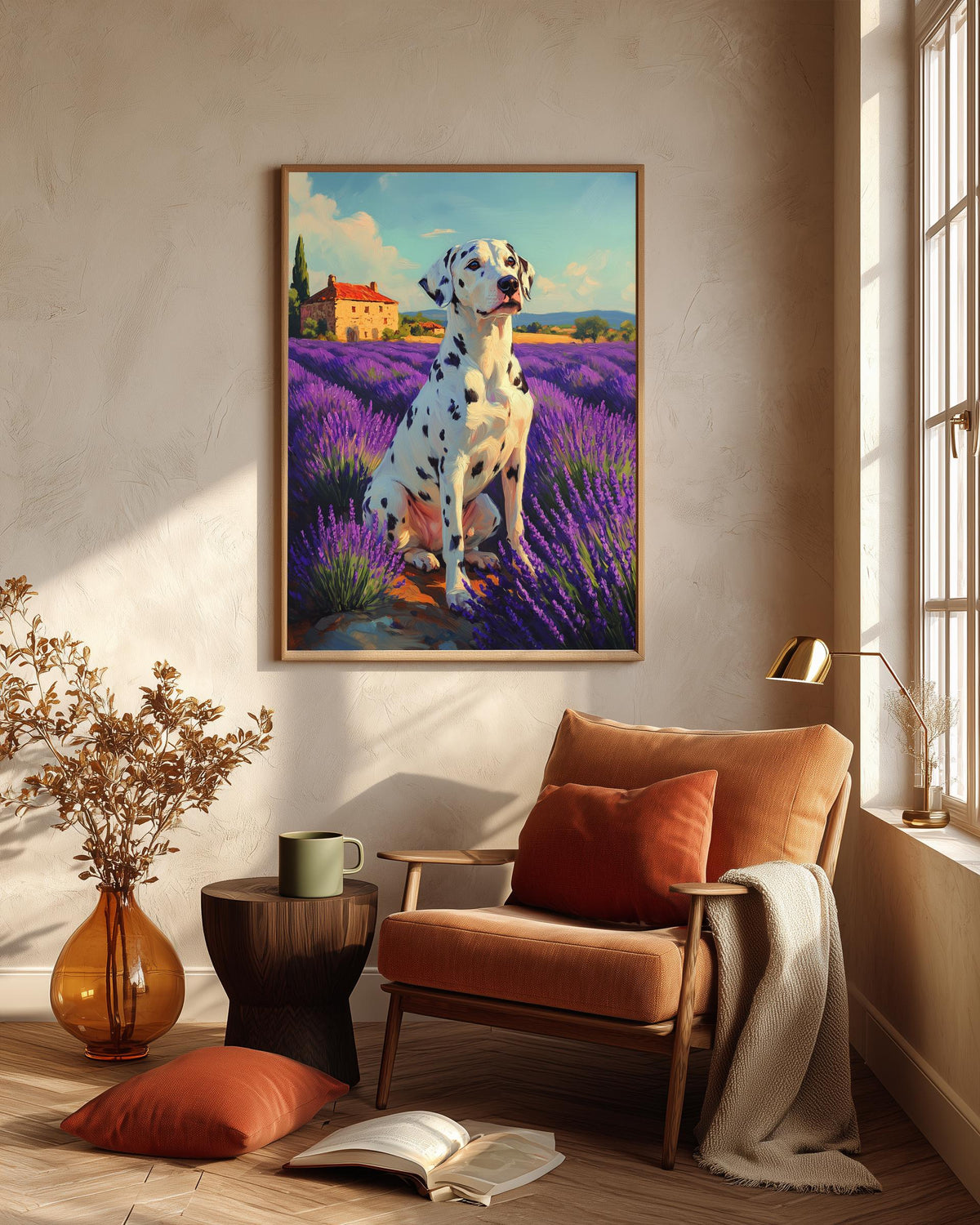 Oil-painting style spotted dog portrait printed on cotton canvas, ready to hang