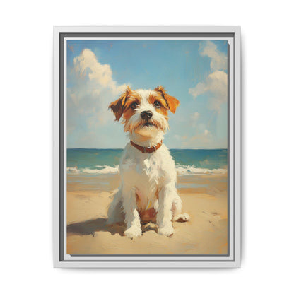 Jack Russell wall art framed canvas print in a white wood frame