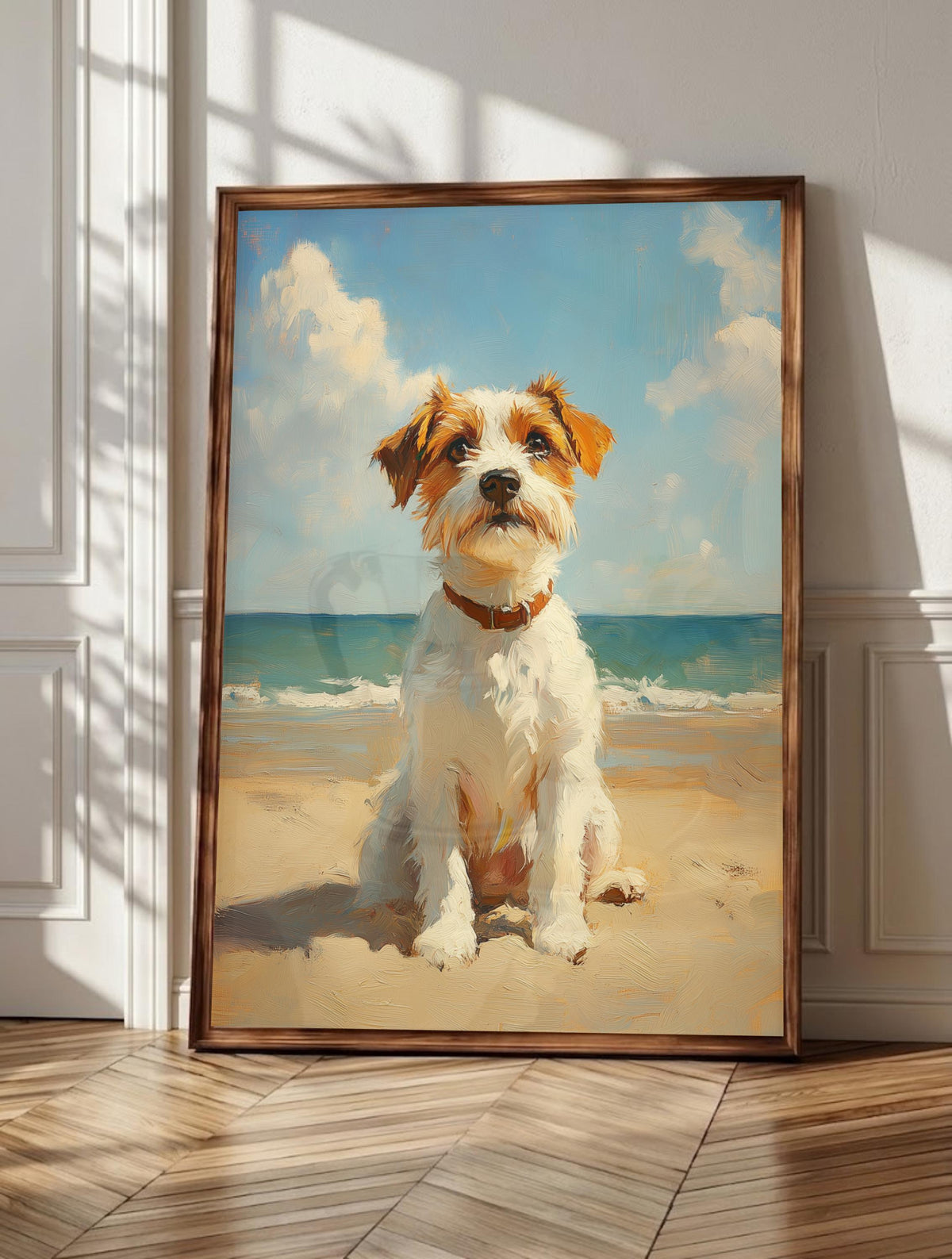 Jack Russell wall art: a terrier alert on the sand with ears up, framed canvas print