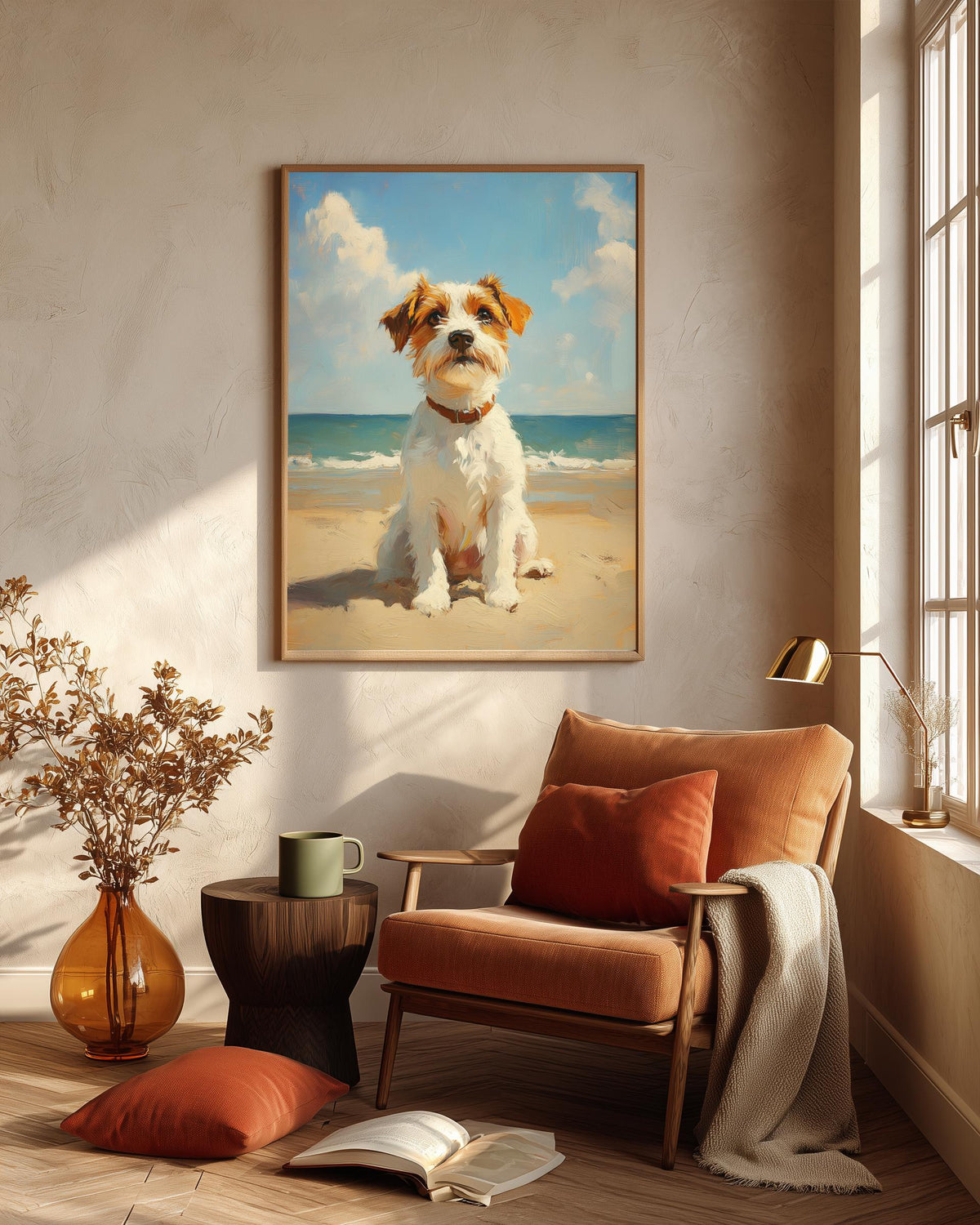 Oil-painting style terrier in white and tan against pale sand, made to order