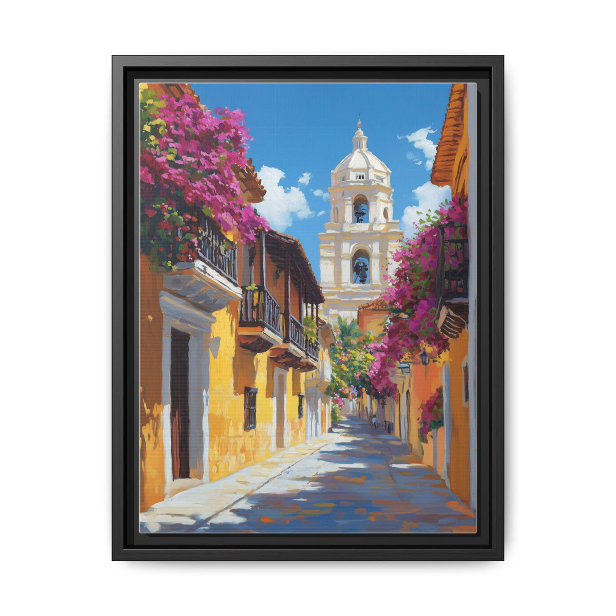 Cartagena wall art framed canvas print in a black wood frame