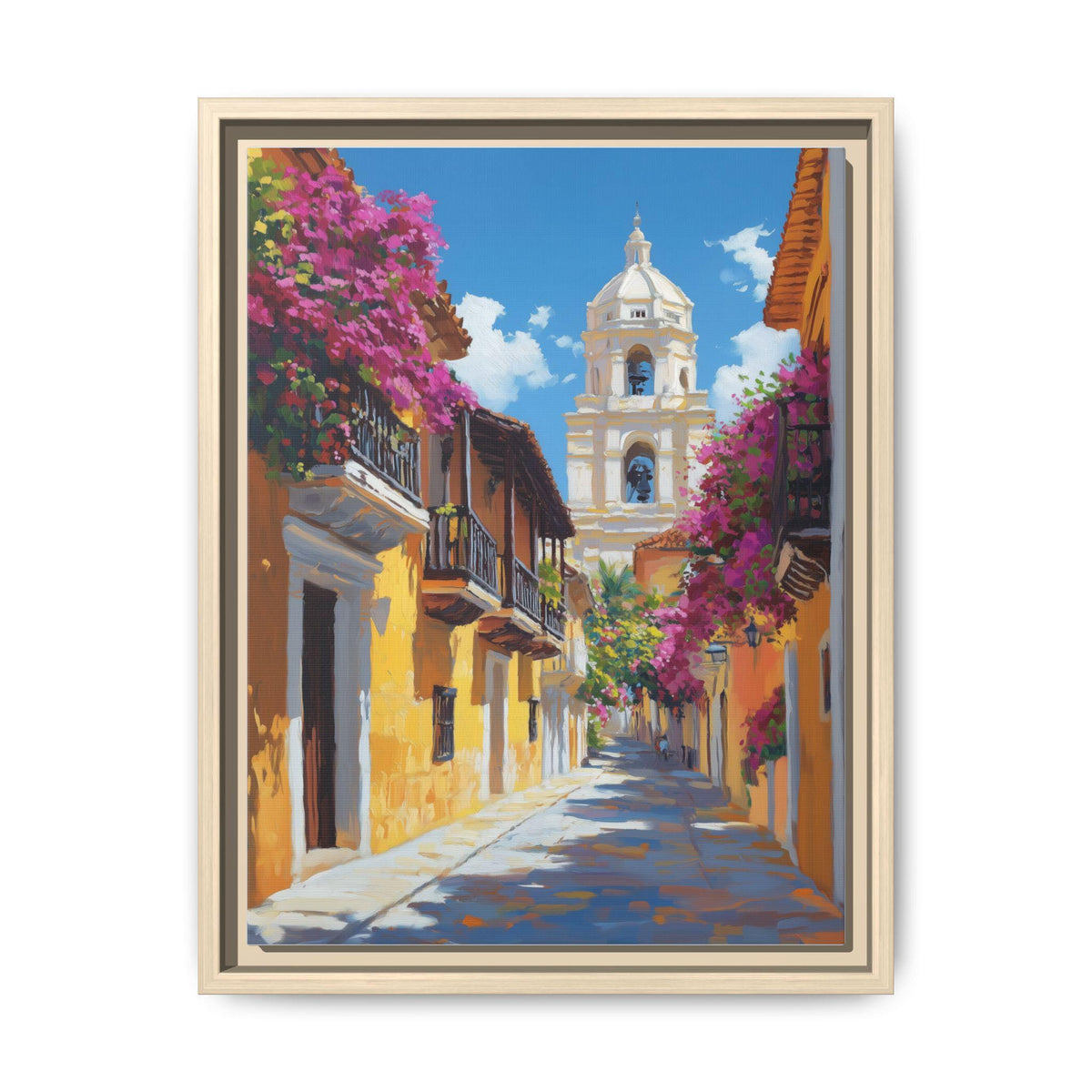 Cartagena wall art framed canvas print in a natural wood frame