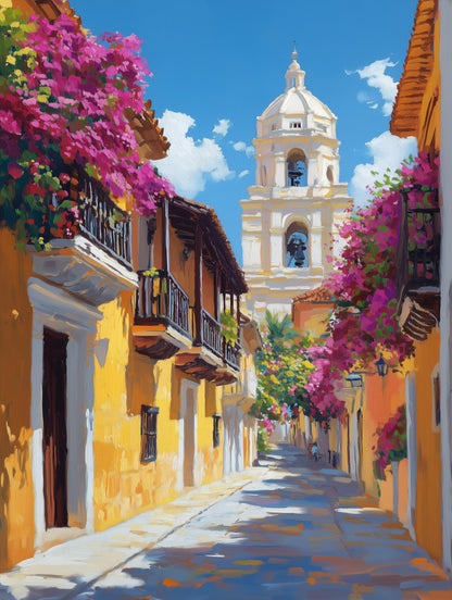 Painterly Colombia canvas print with climbing vines over sunlit colonial facades