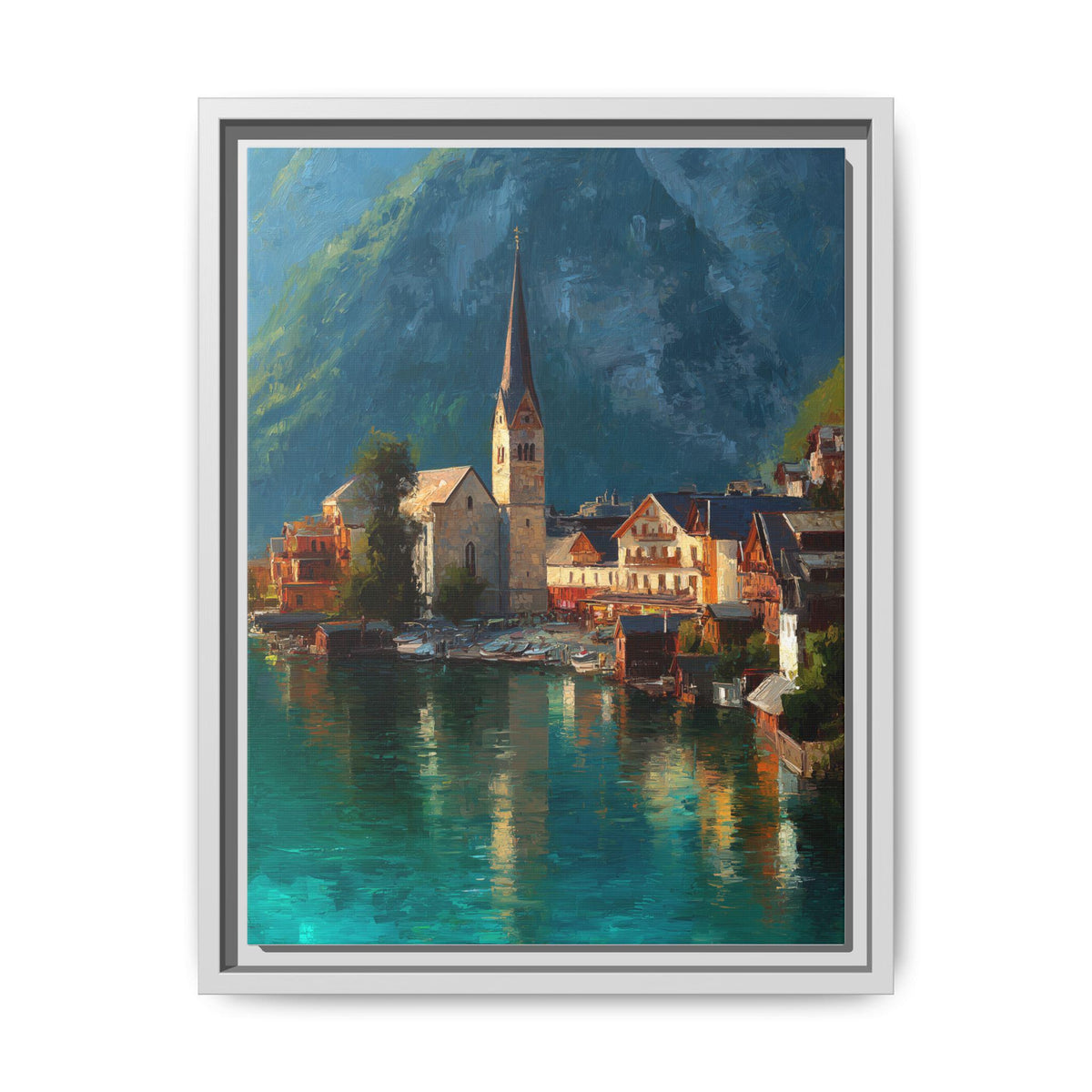 Hallstatt wall art framed canvas print in a white wood frame