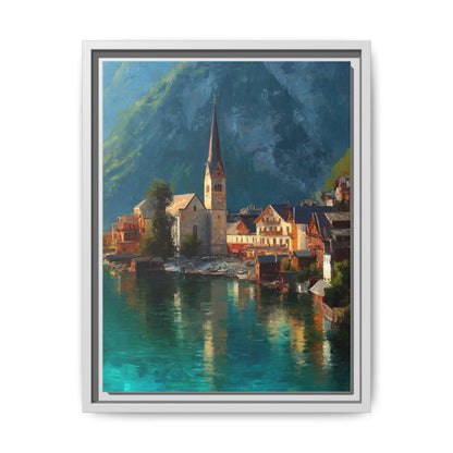 Hallstatt wall art framed canvas print in a white wood frame