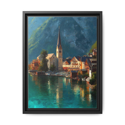 Hallstatt wall art framed canvas print in a black wood frame