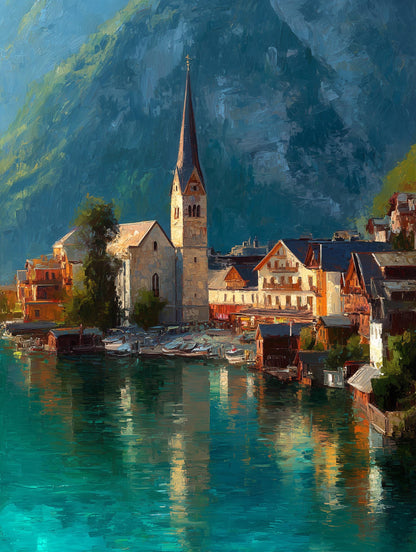 Painterly Austria canvas print with the emerald Hallstatter See below the alps