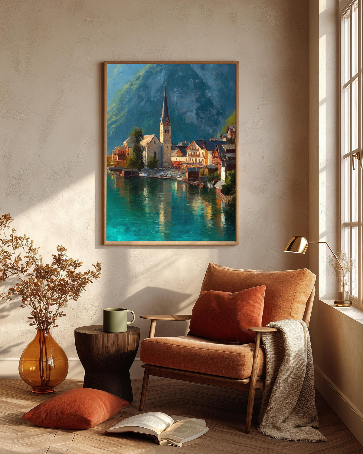 Oil-painting style alpine village in green and stone grey, ready to hang