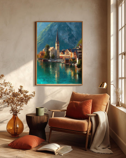 Oil-painting style alpine village in green and stone grey, ready to hang