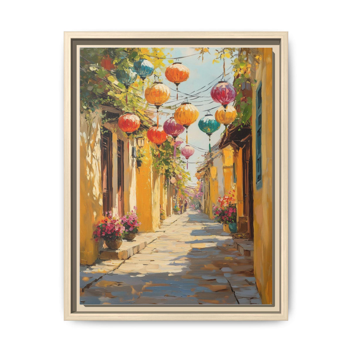 Hoi An wall art framed canvas print in a natural wood frame