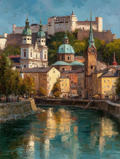 Painterly Salzburg canvas print of the Austrian skyline and cathedral rooftops
