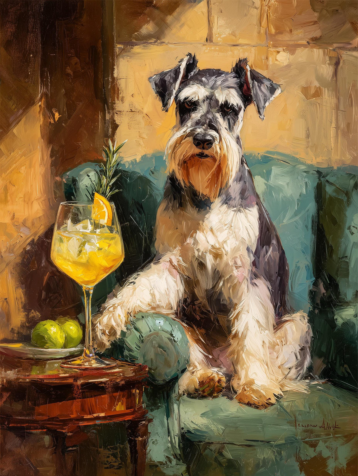 Painterly Schnauzer canvas print with a golden cocktail glass beside the dog
