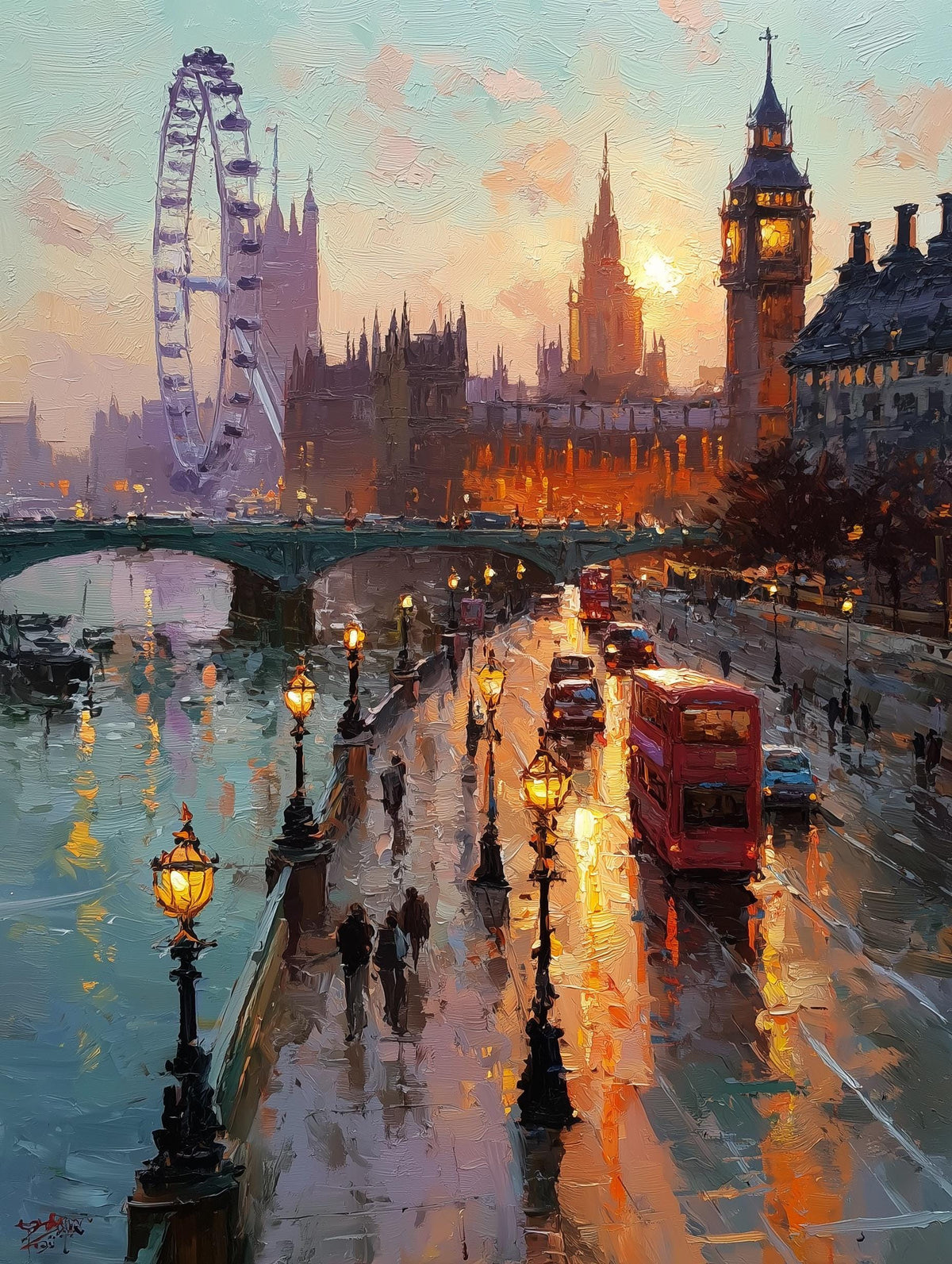 Painterly London skyline from the South Bank, warm light on Westminster stone