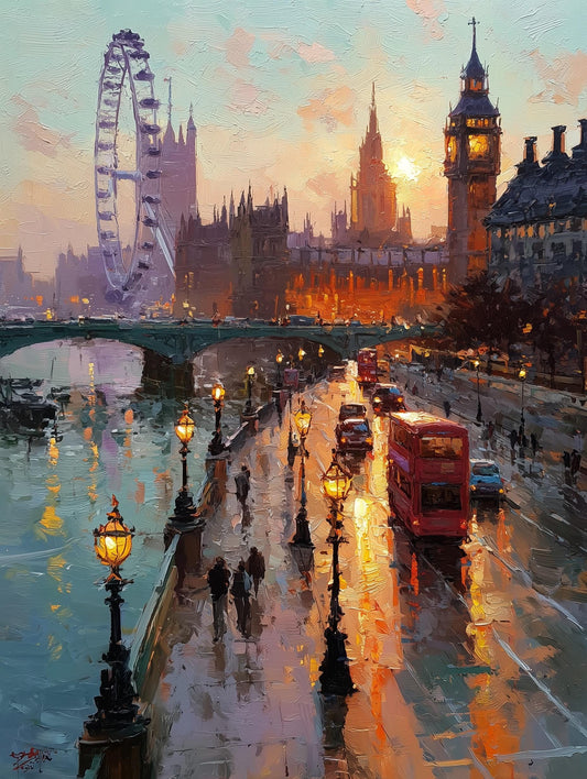Painterly London skyline from the South Bank, warm light on Westminster stone