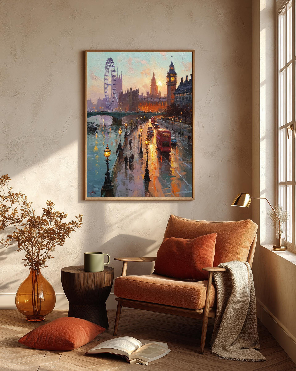 Oil-painting style England landmark in amber and soft grey, made to order