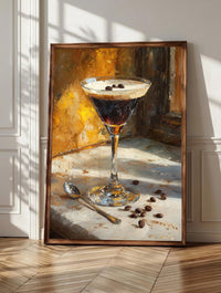 Espresso martini wall art: the cocktail's pale crema topped with three coffee beans
