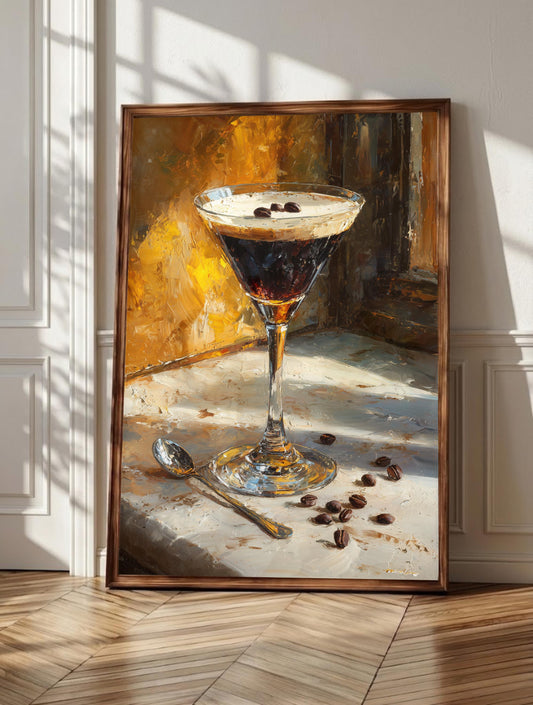 Espresso martini wall art: the cocktail's pale crema topped with three coffee beans