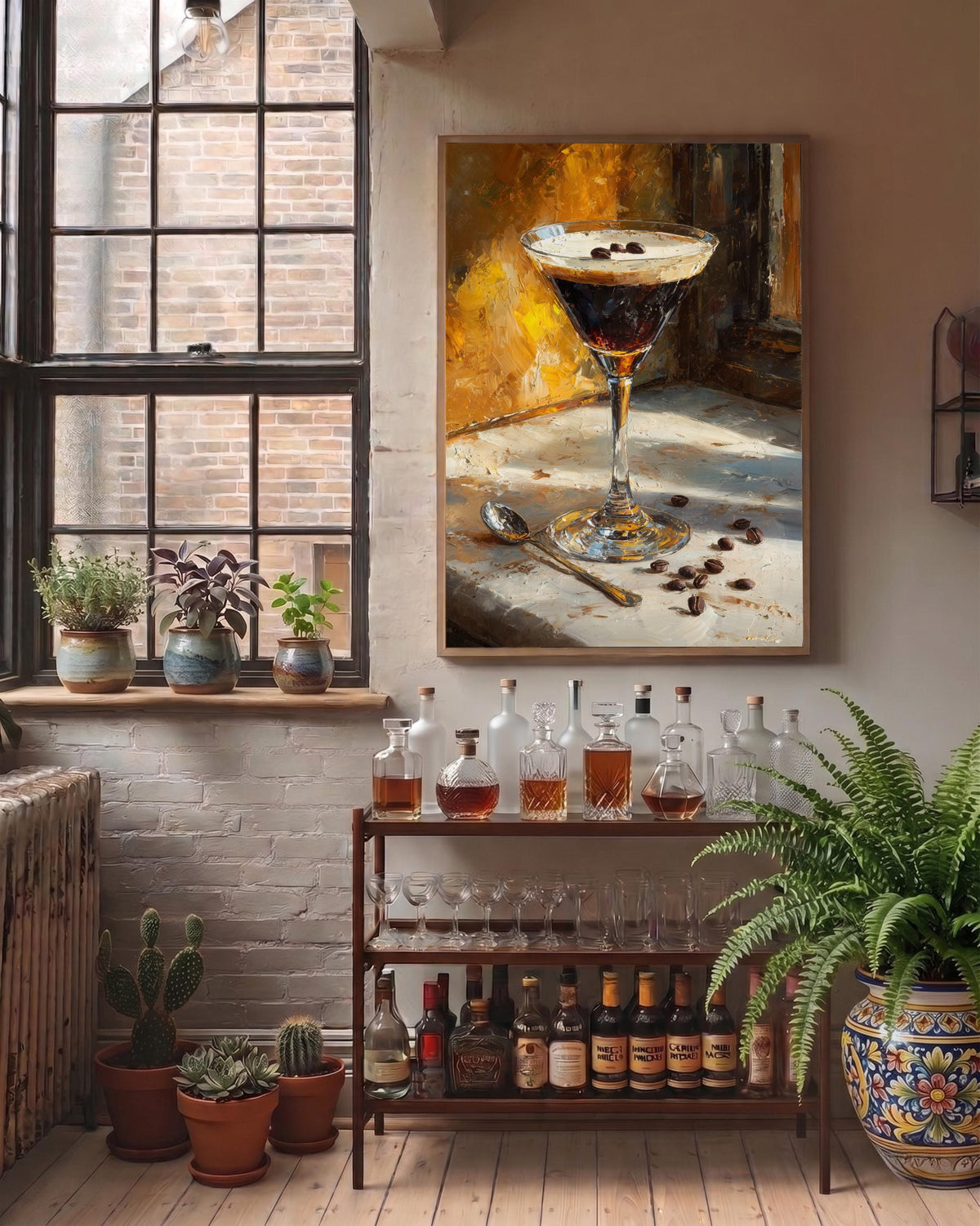 Oil-painting style coupe glass in espresso brown and cream, ready to hang