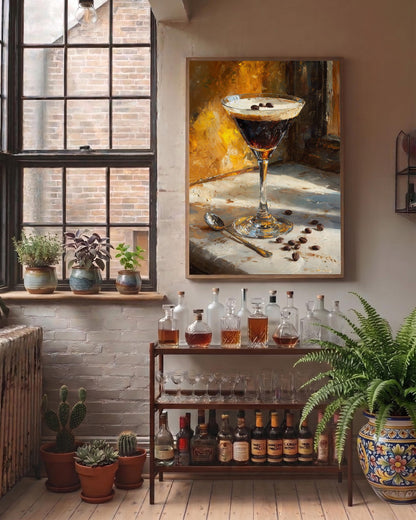 Oil-painting style coupe glass in espresso brown and cream, ready to hang