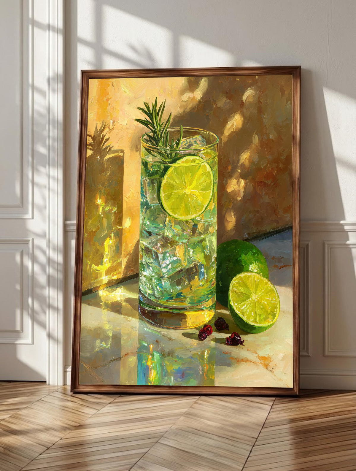 Gin and tonic wall art: the glass glowing under bar light, lime and ice catching shine