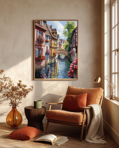 Oil-painting style timbered facades mirrored in still canal water, made to order