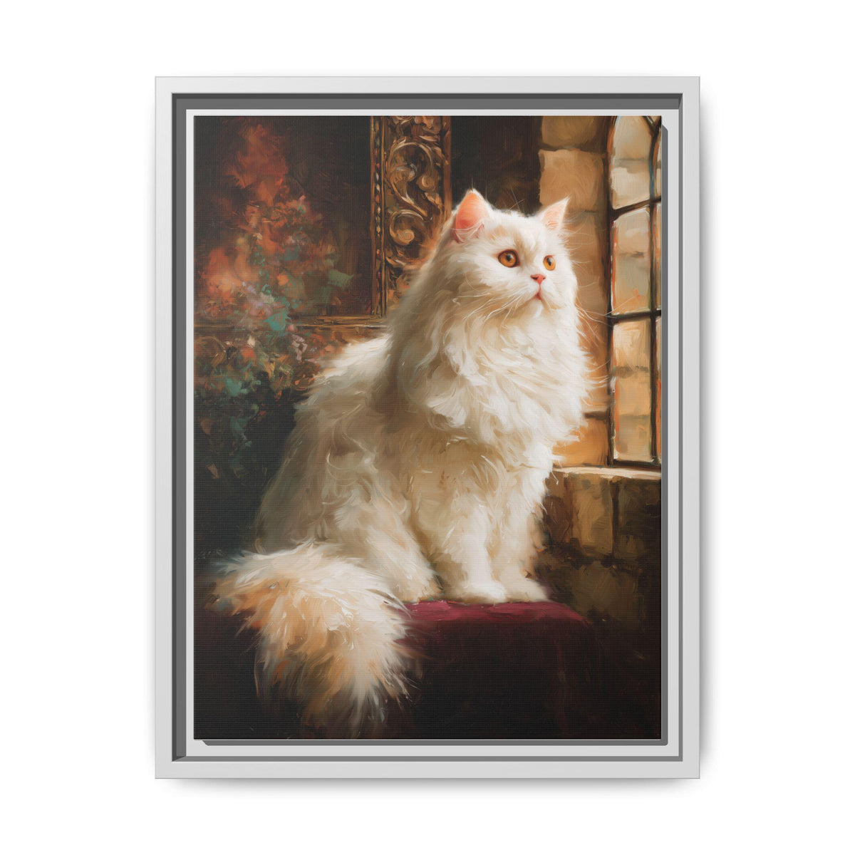 Persian Cat wall art framed canvas print in a white wood frame