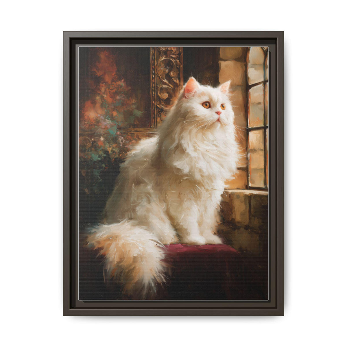 Persian Cat wall art framed canvas print in an espresso wood frame