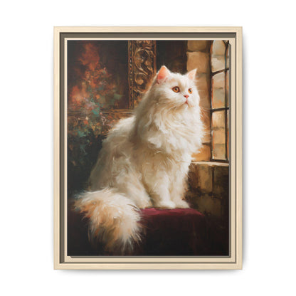 Persian Cat wall art framed canvas print in a natural wood frame