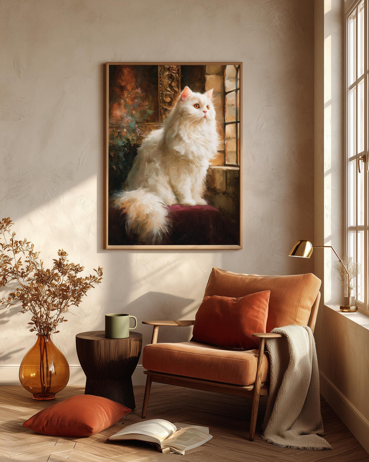 Regal cat portrait in oil-painting style on cotton canvas, made to order