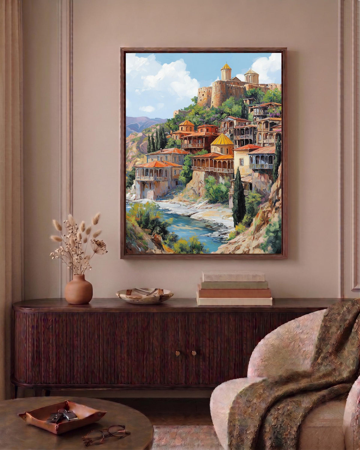 Tbilisi framed canvas in a handmade solid wood frame, ready to hang