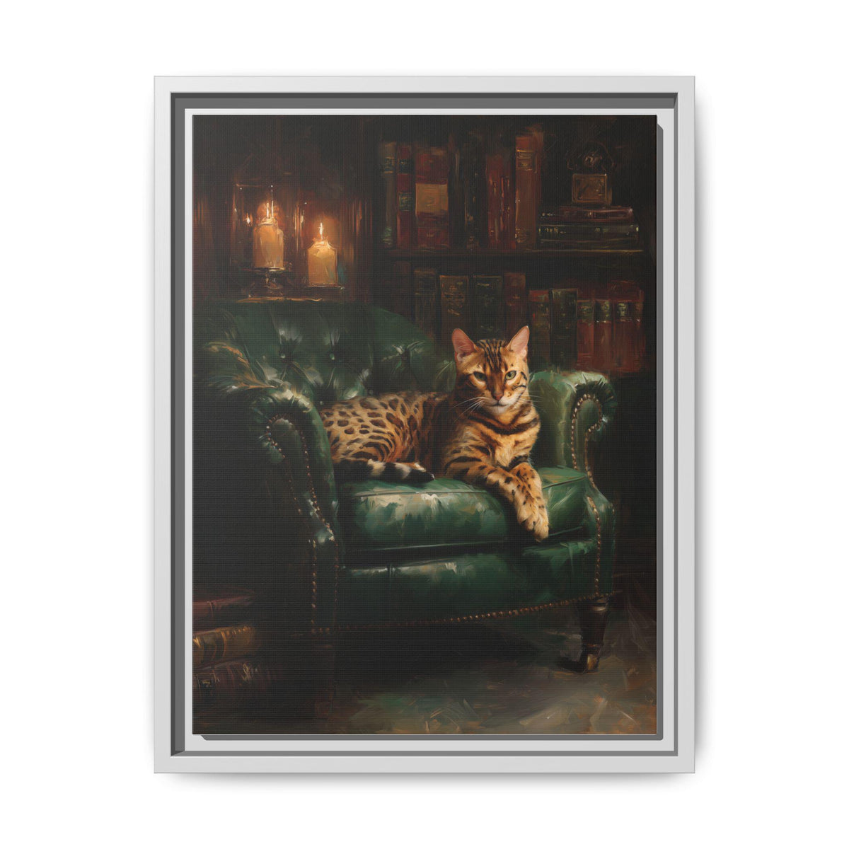 Bengal Cat wall art framed canvas print in a white wood frame