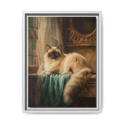 Ragdoll Cat art framed canvas print in a white wood frame