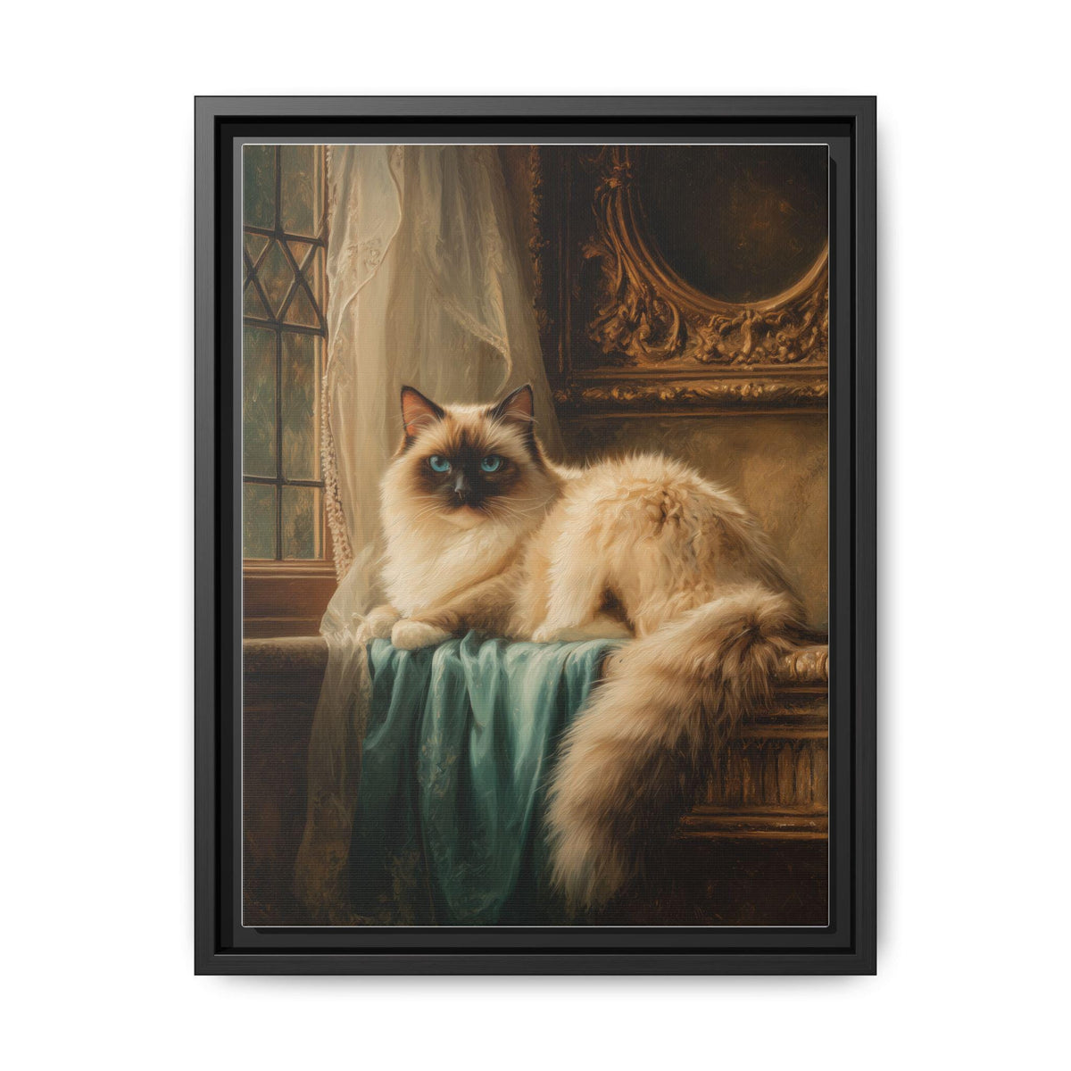 Ragdoll Cat art framed canvas print in a black wood frame