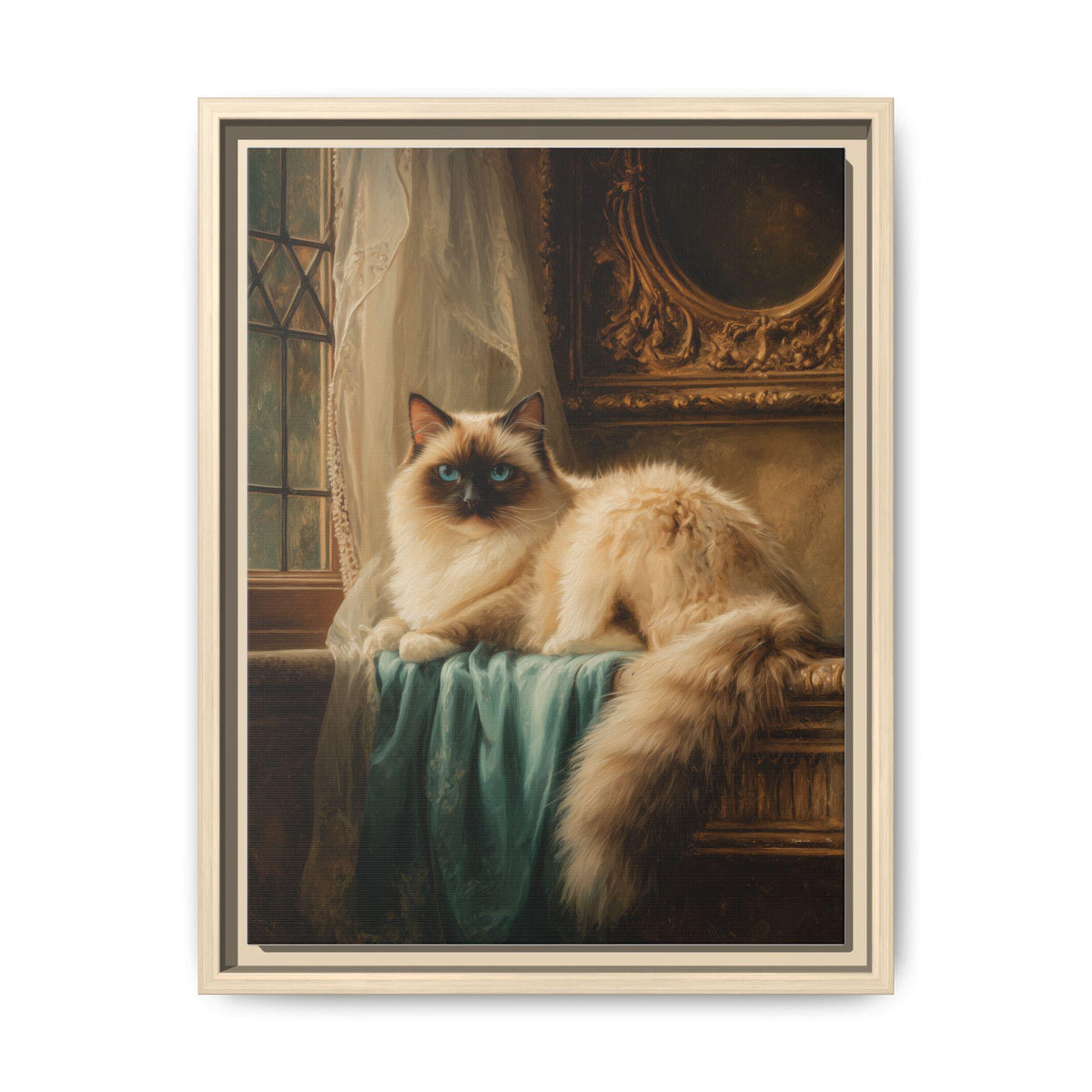 Ragdoll Cat art framed canvas print in a natural wood frame