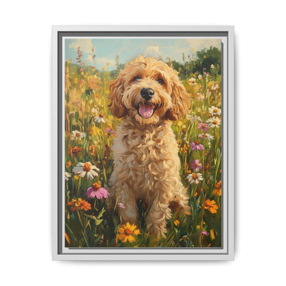 Goldendoodle wall art framed canvas print in a white wood frame
