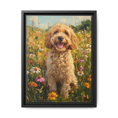 Goldendoodle wall art framed canvas print in a black wood frame