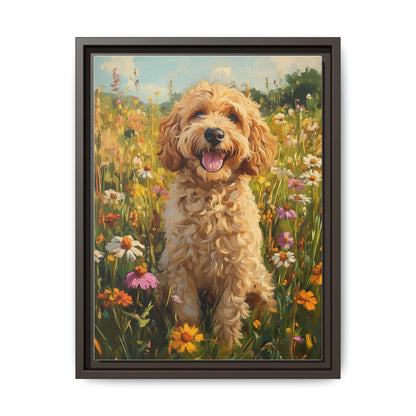 Goldendoodle wall art framed canvas print in an espresso wood frame