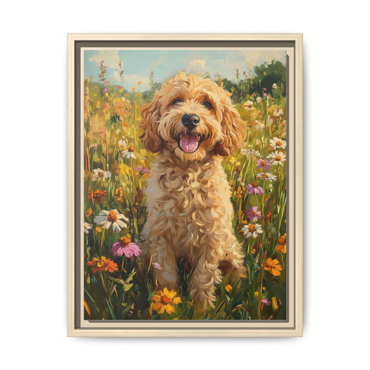 Goldendoodle wall art framed canvas print in a natural wood frame