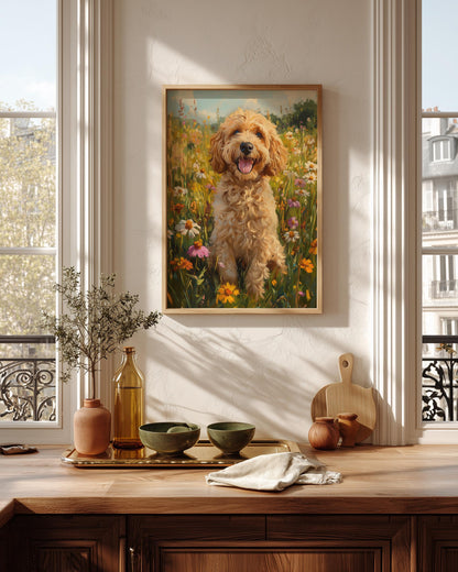 Goldendoodle framed canvas printed on cotton and hand-framed in solid wood