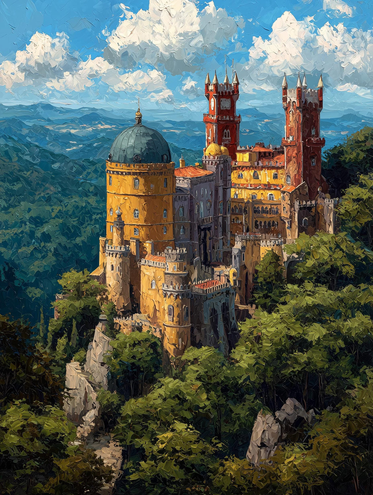 Portugal canvas print of the palace's red and yellow towers above the treetops