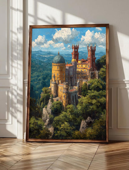 Sintra wall art: the romantic Pena Palace on its hilltop in warm painterly color