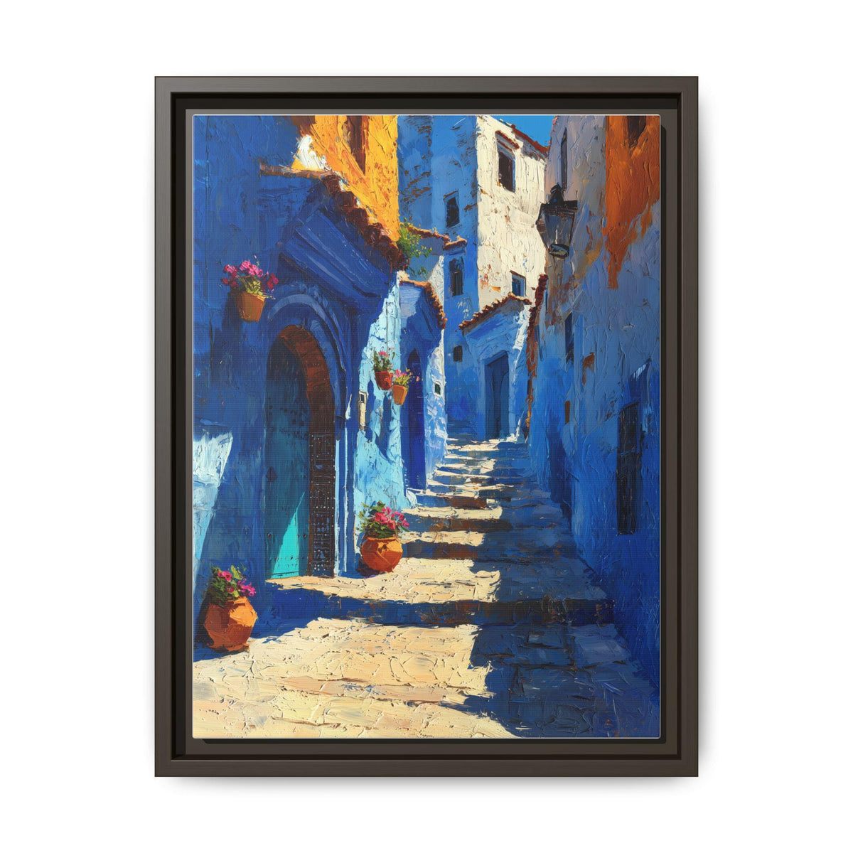 Chefchaouen wall art framed canvas print in an espresso wood frame